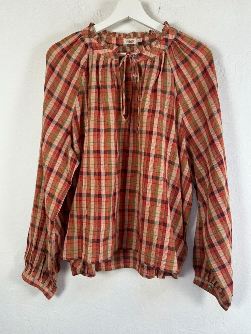Faherty Women Annalise Checked Plaid Ruffle Tie Neck Blouse Large Sunset Gingham